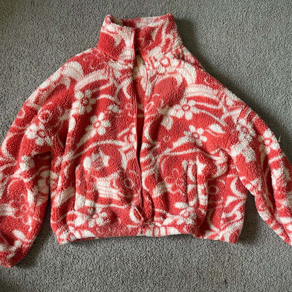 Aerie zip up teddy jacket, floral print